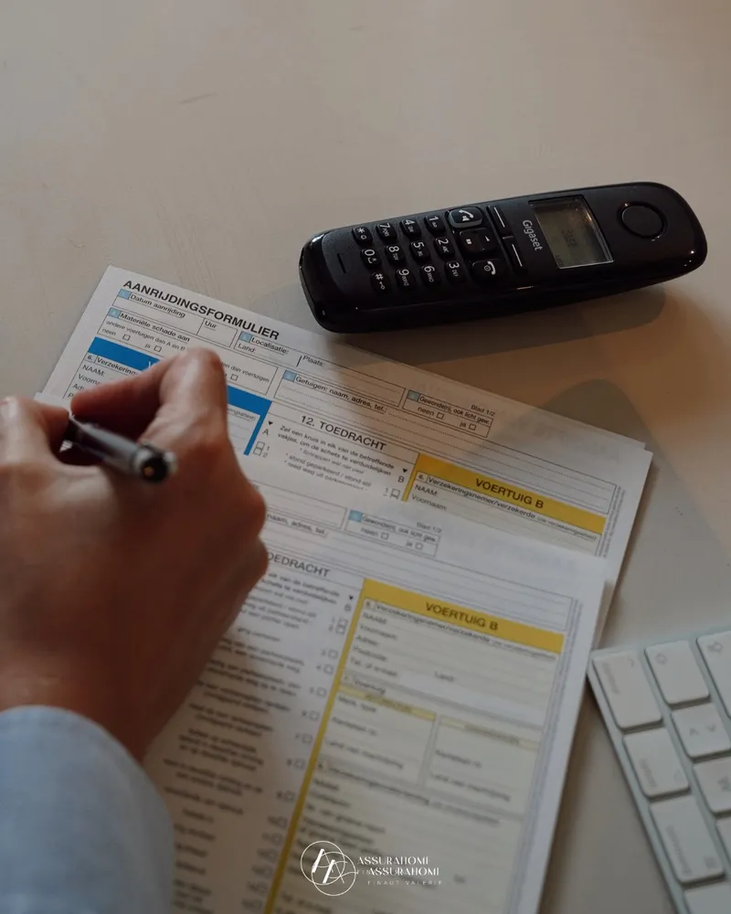 Een schadeformulier wordt ingevuld naast de telefoon